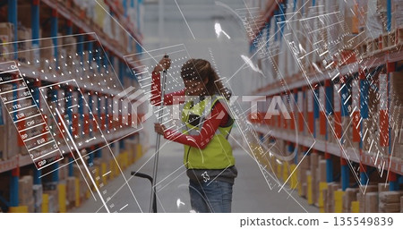 Operating manual pallet jack, woman wearing vest among warehouse racks with digital overlay 135549839