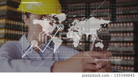 Scanning racks in warehouse, worker viewing smartphone data overlay while wearing safety helmet Scanning racks in warehouse, worker viewing smartphone data overlay while wearing safety helmet 135549845