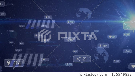 Floating social media icons streaming data in blue space, with location pin heart share counters Floating social media icons streaming data in blue space, with location pin heart share counters 135549852