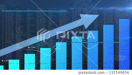 Showing blue ascending bar chart on analytics dashboard, with arrowed line graph and code matrix Showing blue ascending bar chart on analytics dashboard, with arrowed line graph and code matrix 135549854