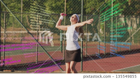 Serving female athlete tossing yellow ball on red hard court, with racket and code overlays Serving female athlete tossing yellow ball on red hard court, with racket and code overlays 135549855
