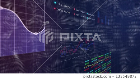 Displaying dashboard showing translucent charts on trading screen with ticker symbols, percentages Displaying dashboard showing translucent charts on trading screen with ticker symbols, percentages 135549872