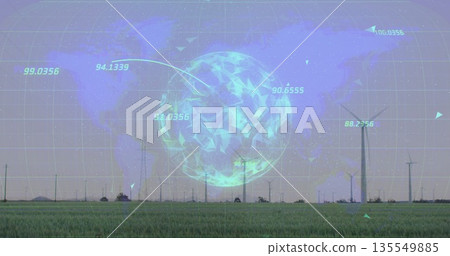 Displaying holographic globe showing numeric data flows over grass field with wind turbines, towers 135549885
