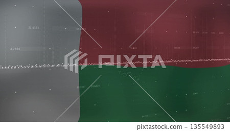 Displaying grey data panel on screen, with white dotted trend line and red green background Displaying grey data panel on screen, with white dotted trend line and red green background 135549893