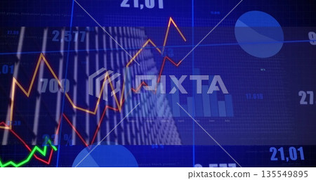 Finance dashboard displaying market trends in office, with line, bar and pie charts and data labels Finance dashboard displaying market trends in office, with line, bar and pie charts and data labels 135549895