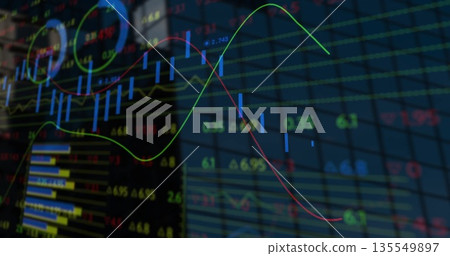 Displaying chart on trading screen showing blue candlesticks, green and red trend lines and tickers 135549897