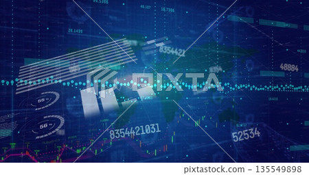 Visualizing financial data on futuristic dashboard, with bar and line charts and numeric overlays 135549898
