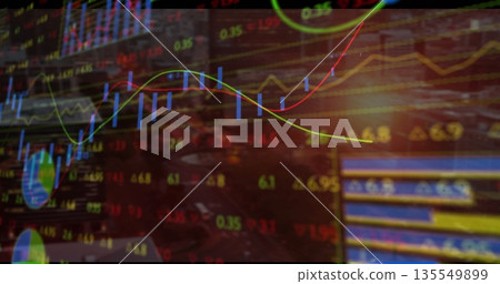 Displaying charts showing candlesticks, moving averages at desk with coffee mug, laptop keyboard 135549899
