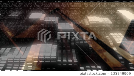 Overlaying translucent binary digits over rectangular grid panels in data center, with highlights 135549909
