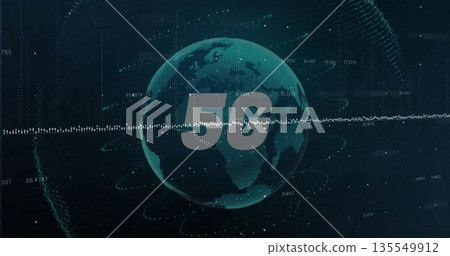 Rotating green globe displaying 5G overlay in virtual network, with waveform and floating data Rotating green globe displaying 5G overlay in virtual network, with waveform and floating data 135549912