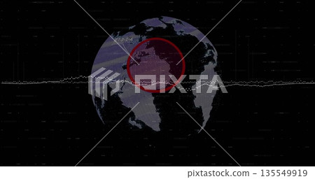Showing digital globe rotating in interface with red overlay, dotted waveform and glitch data lines Showing digital globe rotating in interface with red overlay, dotted waveform and glitch data lines 135549919