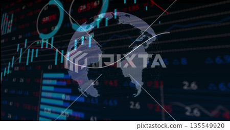 Displaying 3D Earth globe rotating on data dashboard, with white trend line, bar charts and gauges Displaying 3D Earth globe rotating on data dashboard, with white trend line, bar charts and gauges 135549920