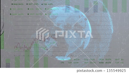 Displaying 3D wireframe globe in virtual dashboard, showing green bar charts and dual-line graph Displaying 3D wireframe globe in virtual dashboard, showing green bar charts and dual-line graph 135549925