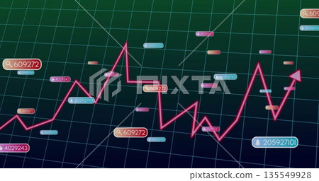 Displaying magenta trend line with arrowhead and colored data labels on dark grid background 135549928
