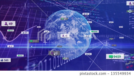 Displaying 3D Earth globe rotating in network, showing social icons, analytics graphs, binary code Displaying 3D Earth globe rotating in network, showing social icons, analytics graphs, binary code 135549934