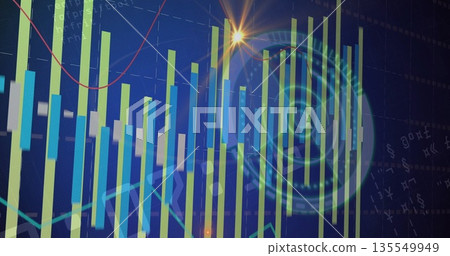 Displaying colorful bar chart with red trend line on dashboard grid, with lens flare and hexagons Displaying colorful bar chart with red trend line on dashboard grid, with lens flare and hexagons 135549949