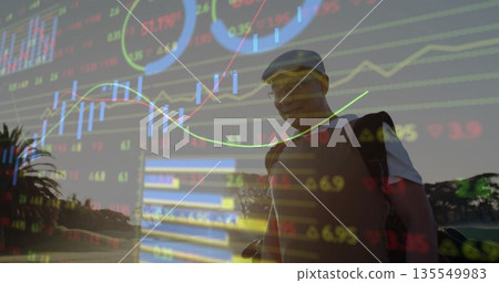 Standing Chinese golfer carrying golf bag with clubs on fairway, financial charts, copy space Standing Chinese golfer carrying golf bag with clubs on fairway, financial charts, copy space 135549983