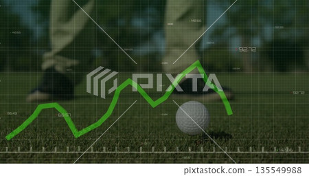 Displaying numeric graph, grid overlay over white golf ball on tee and golf shoes on green Displaying numeric graph, grid overlay over white golf ball on tee and golf shoes on green 135549988