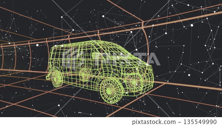 Floating green wireframe van model rotating within orange grid tunnel, with white network nodes 135549990