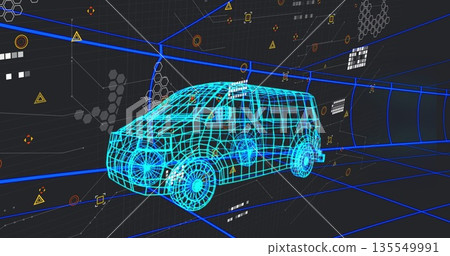 Gliding wireframe van traveling through data tunnel, with grid lines and floating geometric icons Gliding wireframe van traveling through data tunnel, with grid lines and floating geometric icons 135549991