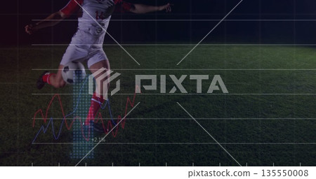 Kicking uniformed soccer player striking ball on pitch at night, with grid overlay, copy space Kicking uniformed soccer player striking ball on pitch at night, with grid overlay, copy space 135550008