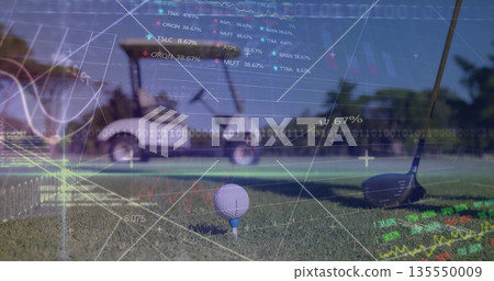 Overlaying financial data on golf ball on tee at golf course, with driver head, golf cart 135550009