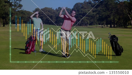 Swinging golfer holding club wearing red polo on fairway, with partner shielding eyes, data overlay Swinging golfer holding club wearing red polo on fairway, with partner shielding eyes, data overlay 135550010