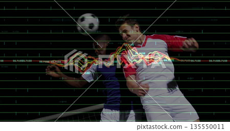 Leaping two soccer players in contrasting jerseys heading soccer ball near goal, with graph overlay 135550011