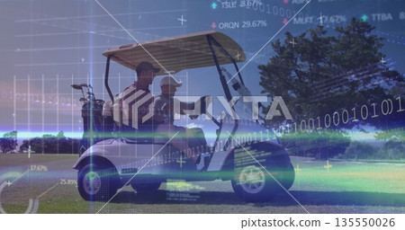 Two men in polo shirts driving roofed golf cart on fairway, with clubs, binary data overlay Two men in polo shirts driving roofed golf cart on fairway, with clubs, binary data overlay 135550026