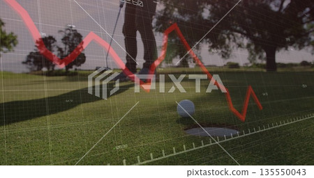 Standing golfer lining putter behind ball at cup on green, with golf shoes, red graph overlay Standing golfer lining putter behind ball at cup on green, with golf shoes, red graph overlay 135550043