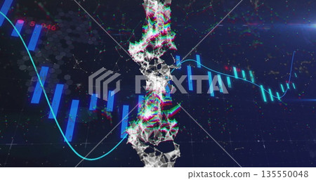 Displaying abstract 3D network mesh strand rising in digital interface, with bar charts, line graph 135550048