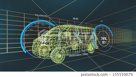 Displaying green wireframe van moving through grid tunnel, showing speed, charge and route gauges 135550079