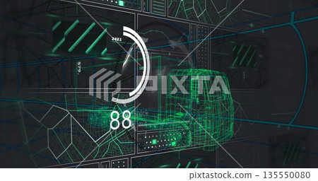 Displaying white semi-circular gauge showing 88 at control interface, with wireframe vehicle model 135550080