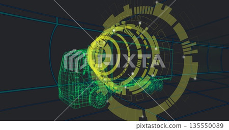 Displaying 3D wireframe truck within grid-lined tunnel, with HUD overlays and light particles 135550089