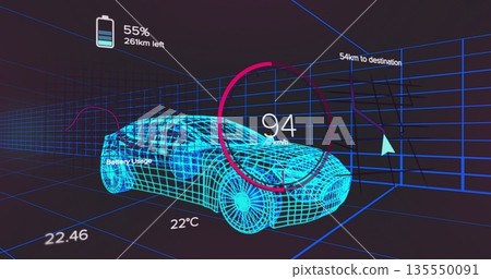 Cruising cyan wireframe car model driving virtual grid space, with speed gauge and battery icon Cruising cyan wireframe car model driving virtual grid space, with speed gauge and battery icon 135550091