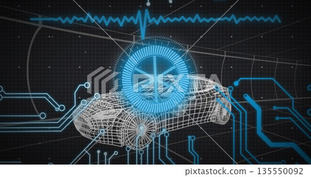 Displaying wireframe car over dark grid, tracing circuit lines, showing HUD dial and ECG waveform Displaying wireframe car over dark grid, tracing circuit lines, showing HUD dial and ECG waveform 135550092