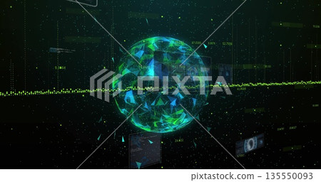 Floating polygonal sphere rotating in cyberspace, with neon waveform, data floats, code panels 135550093