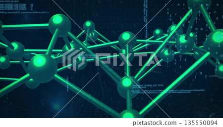 Floating network linking glowing green spheres with tubular rods above grid plane and code overlays Floating network linking glowing green spheres with tubular rods above grid plane and code overlays 135550094