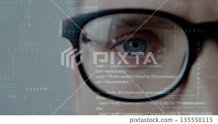 Focusing developer's eye behind black-rimmed glasses at digital interface with code and binary bits Focusing developer's eye behind black-rimmed glasses at digital interface with code and binary bits 135550115