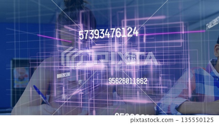 Displaying holographic data grid over classroom desk at school computer lab, with floating numbers 135550125