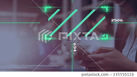 Businesswoman holding smartphone and viewing scanning overlay at desk, with graphics, copy space Businesswoman holding smartphone and viewing scanning overlay at desk, with graphics, copy space 135550128