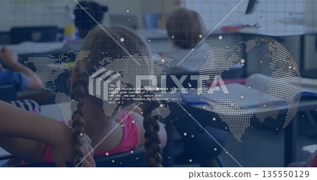 Sitting girl with braided hair, pink top studying in school classroom, with world map code overlay Sitting girl with braided hair, pink top studying in school classroom, with world map code overlay 135550129