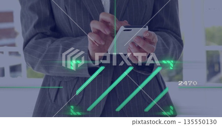 Tapping lady in pinstripe suit interacting with AR code 2470 visuals in office, on white smartphone Tapping lady in pinstripe suit interacting with AR code 2470 visuals in office, on white smartphone 135550130