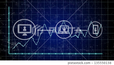 Displaying data flow chart with varying cyan line and monitor, building and smartphone on dark grid Displaying data flow chart with varying cyan line and monitor, building and smartphone on dark grid 135550138