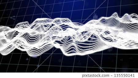 Flowing white wave representing data crossing 3D dark grid plane, with social media icons Flowing white wave representing data crossing 3D dark grid plane, with social media icons 135550141