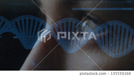 Close-up female eye region overlaying in dark interface, with digital double helix and data lines Close-up female eye region overlaying in dark interface, with digital double helix and data lines 135550160