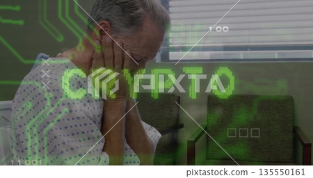 Leaning senior patient wearing gown holding head in clinic with crypto circuit overlay, copy space Leaning senior patient wearing gown holding head in clinic with crypto circuit overlay, copy space 135550161