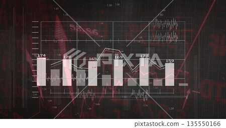 Displaying data visualization panel on red interface, with six bars, line graph and waveform traces Displaying data visualization panel on red interface, with six bars, line graph and waveform traces 135550166