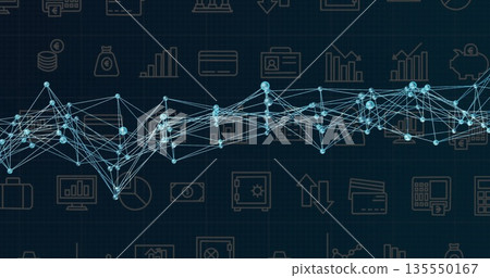 Displaying network graph on grid backdrop, featuring glowing blue nodes, lines and financial icons Displaying network graph on grid backdrop, featuring glowing blue nodes, lines and financial icons 135550167