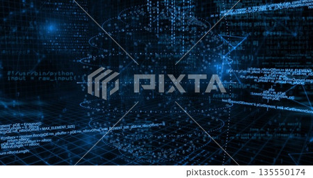 Glowing data cloud hovering over grid floor in digital space, with code snippets and data streams 135550174